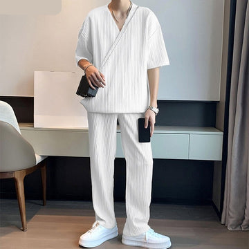 Riolio Casual Simple Style New Men Sets Short Sleeved Shirts Pants Handsome Male Simple Pleated Solid Comfortable Suit 2 Pieces